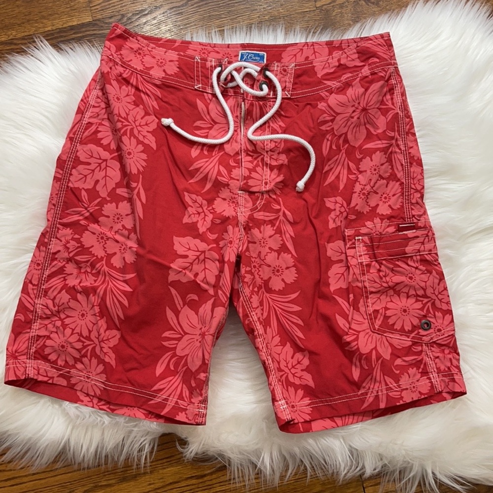 Men’s J. Crew Red Hawaiian Floral Swim Trunks